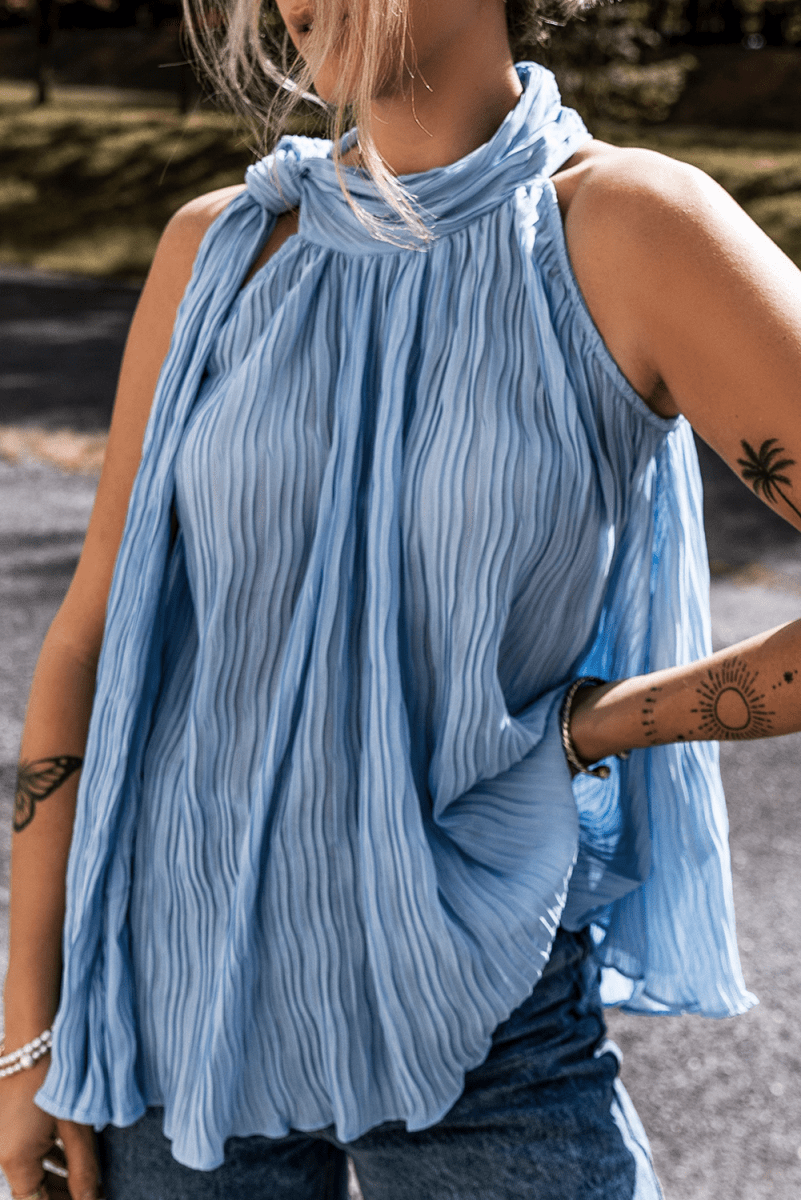 Myosotis Textured Pleated Tied Mock Neck Flowy Tank Top - Love Salve