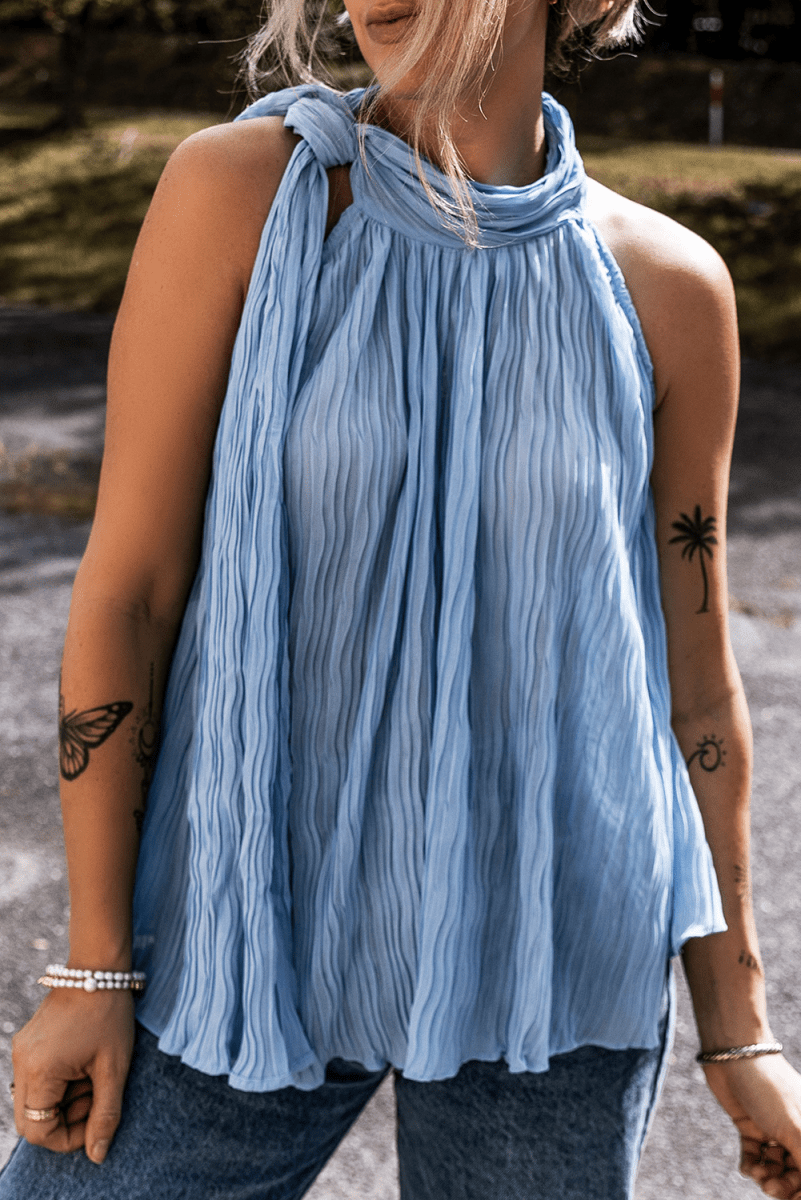 Myosotis Textured Pleated Tied Mock Neck Flowy Tank Top - Love Salve