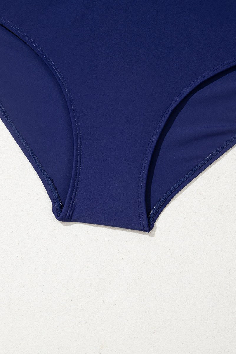 Navy Blue Flared One Piece Swimsuit with Crisscross Tie Back Straps - Love Salve