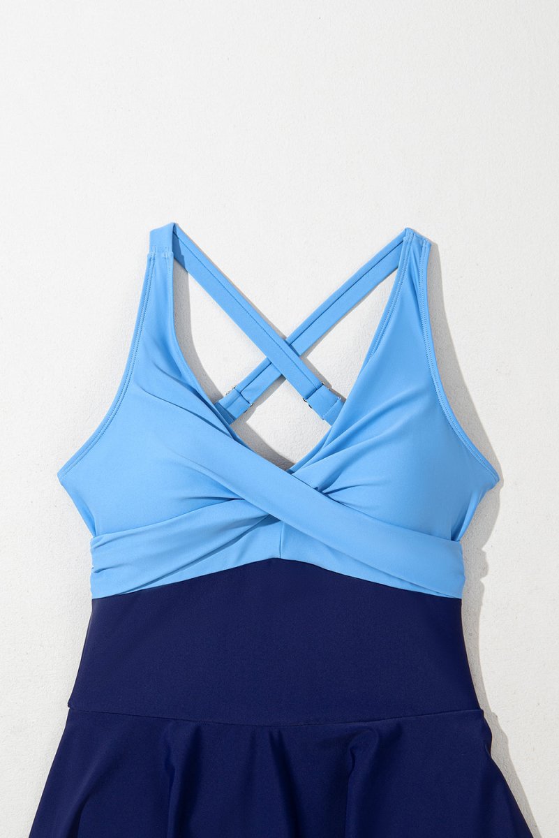 Navy Blue Flared One Piece Swimsuit with Crisscross Tie Back Straps - Love Salve