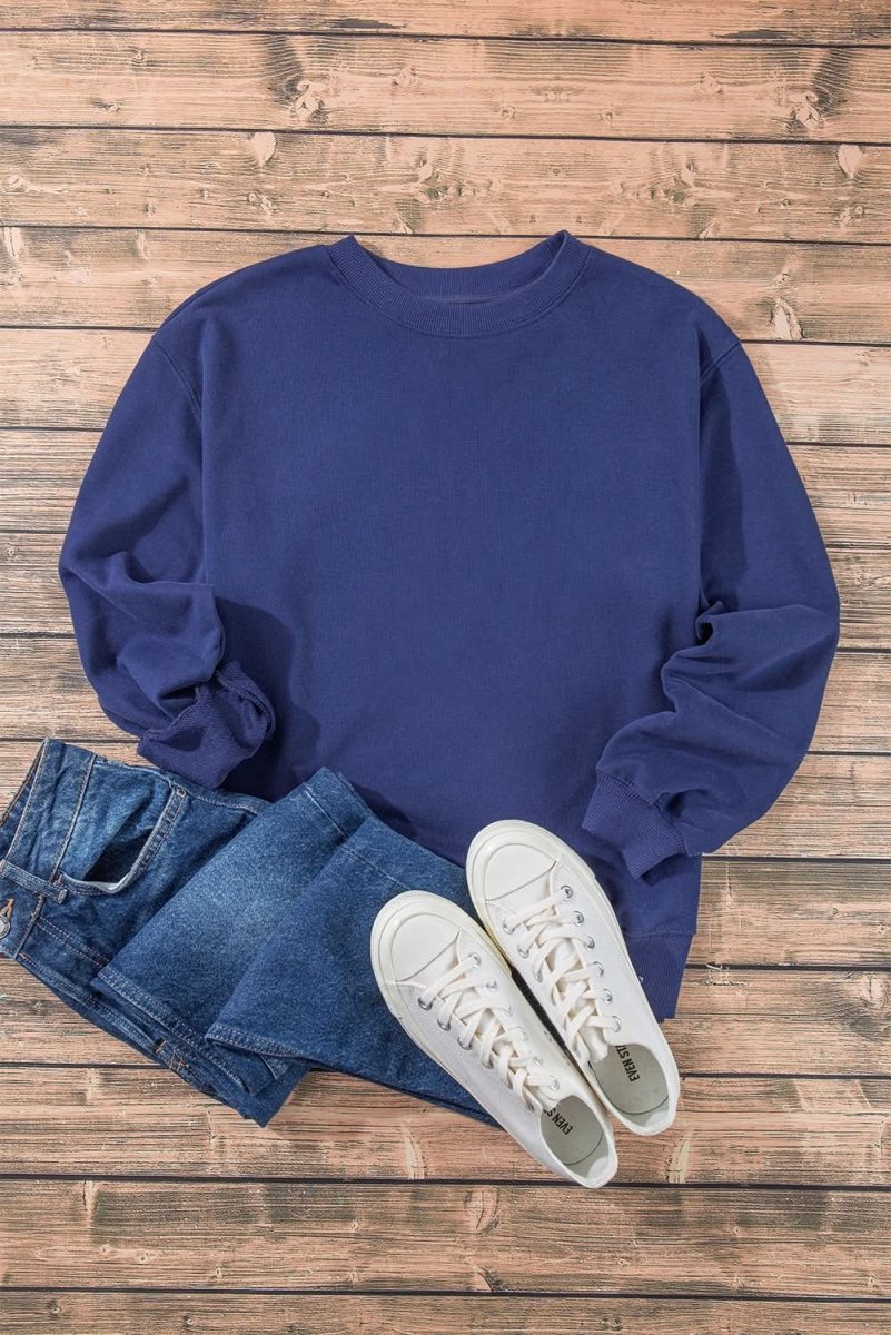 Navy Blue Plain Drop Shoulder Crewneck Pullover Sweatshirt - Love Salve