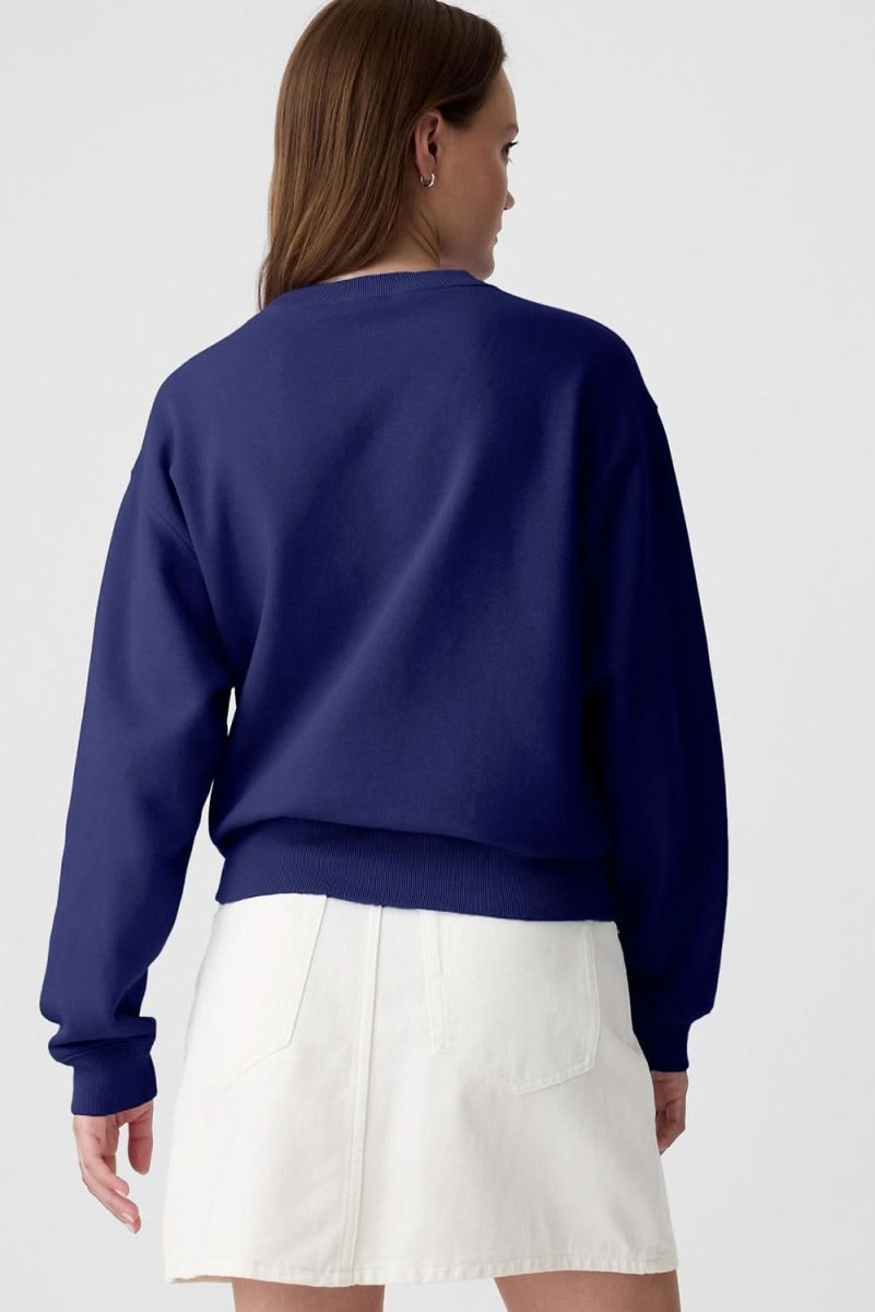 Navy Blue Plain Drop Shoulder Crewneck Pullover Sweatshirt - Love Salve