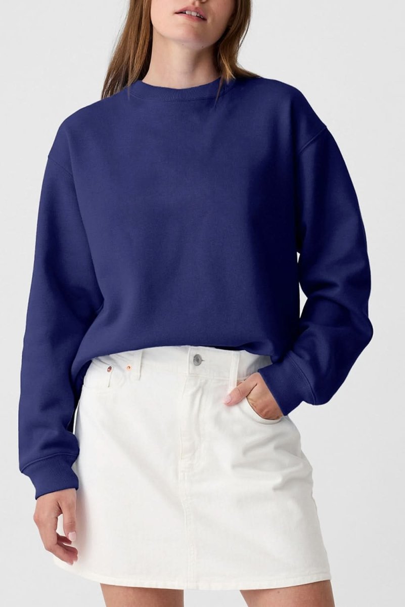 Navy Blue Plain Drop Shoulder Crewneck Pullover Sweatshirt - Love Salve