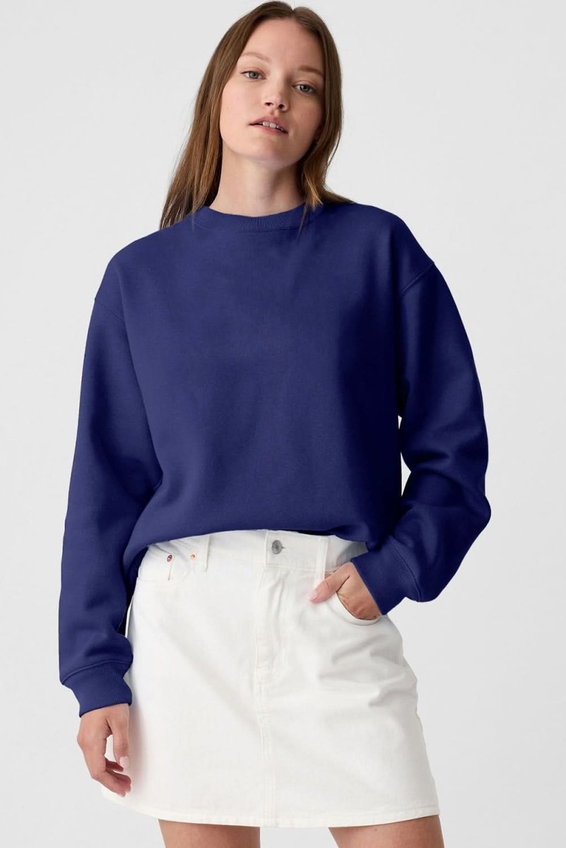 Navy Blue Plain Drop Shoulder Crewneck Pullover Sweatshirt - Love Salve