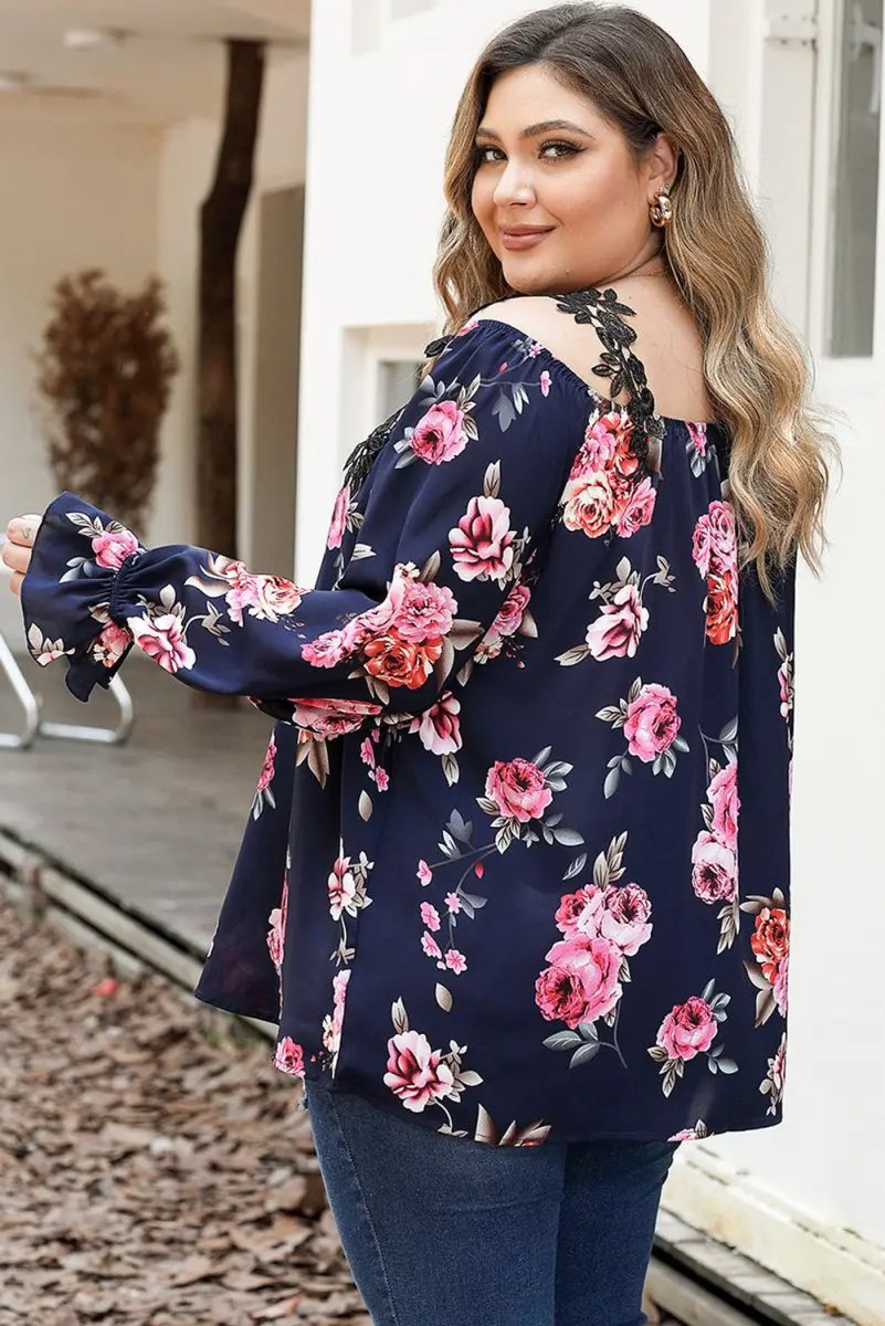 Navy Blue Plus Size Crochet Detail Cold Shoulder Floral Blouse - Love Salve