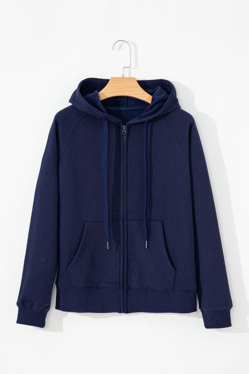 Navy Blue Solid Color Fleece Lined Zip up Hoodie - Love Salve