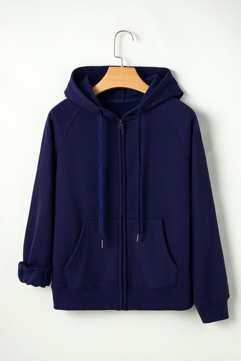 Navy Blue Solid Color Fleece Lined Zip up Hoodie - Love Salve