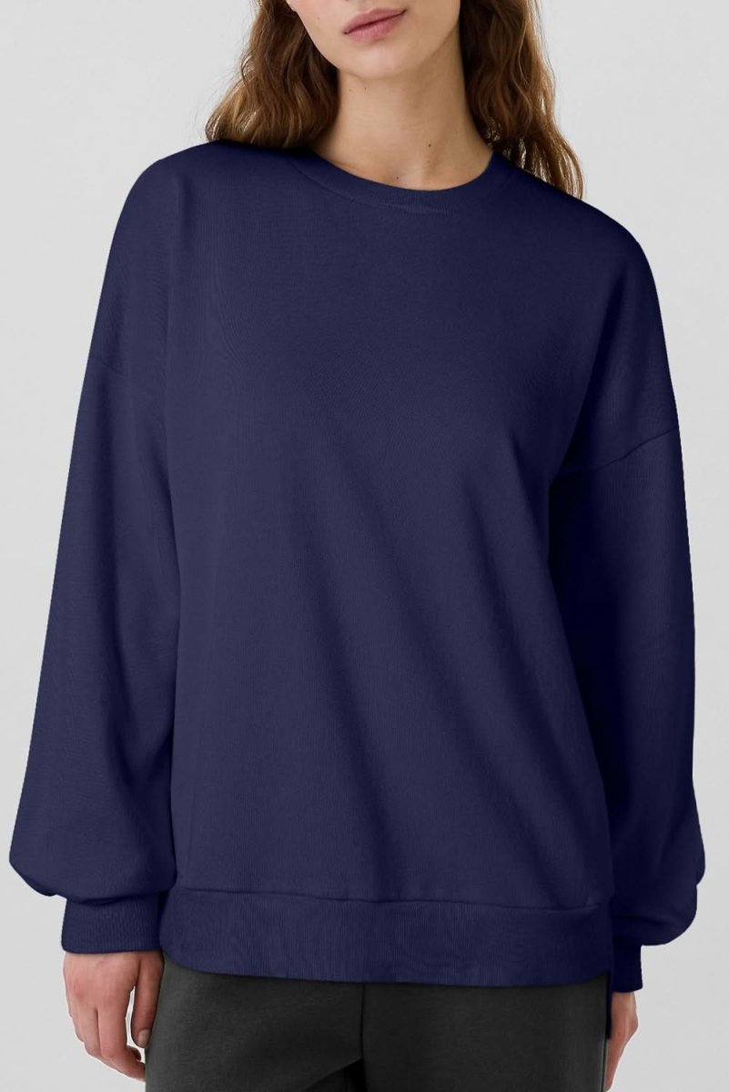 Navy Blue Solid Fleece Lined Drop Shoulder High Low Sweatshirt - Love Salve