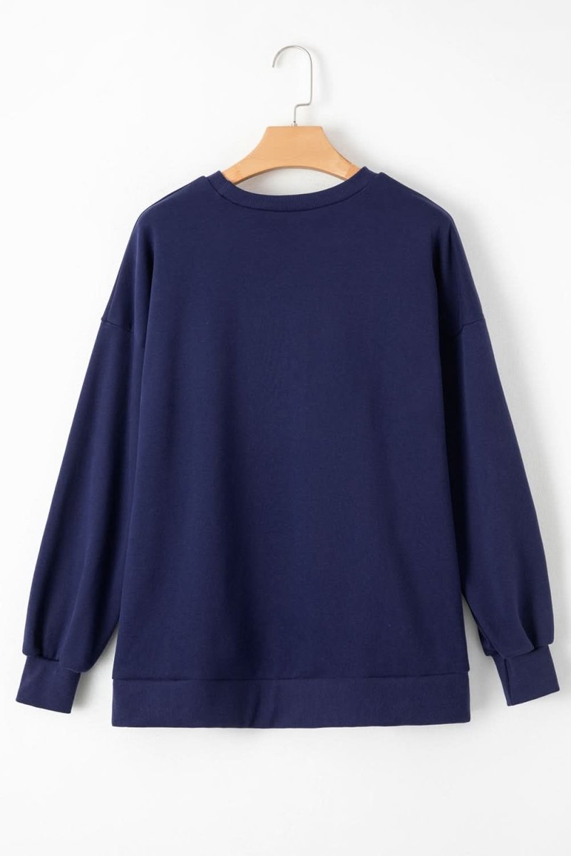 Navy Blue Solid Fleece Lined Drop Shoulder High Low Sweatshirt - Love Salve