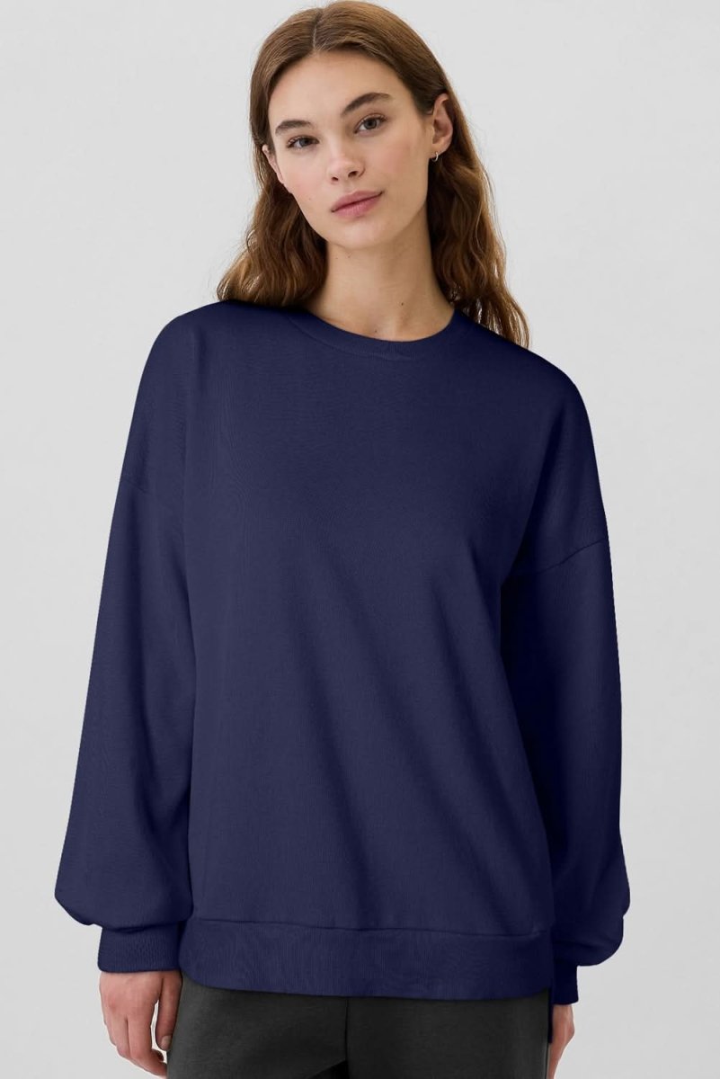 Navy Blue Solid Fleece Lined Drop Shoulder High Low Sweatshirt - Love Salve