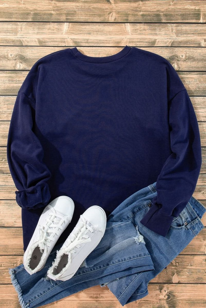Navy Blue Solid Fleece Lined Drop Shoulder High Low Sweatshirt - Love Salve