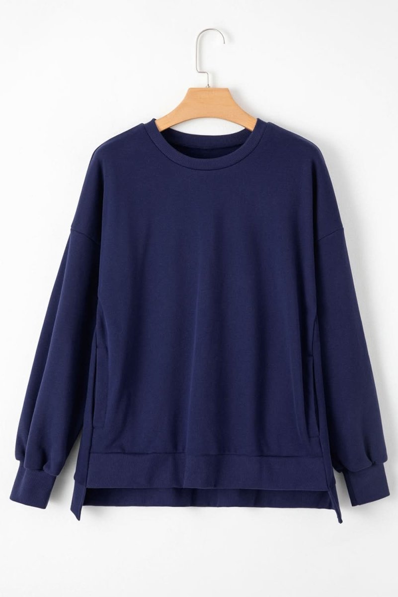 Navy Blue Solid Fleece Lined Drop Shoulder High Low Sweatshirt - Love Salve