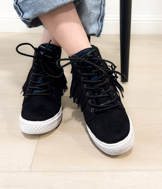 Nick Fringe Wedge Sneaker Black Suede With Fringe Detail Naughty Monkey