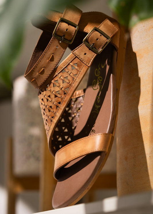 Nora Tan Sandals Flat Open Toe With Back Zipper And Straps Naughty Monkey