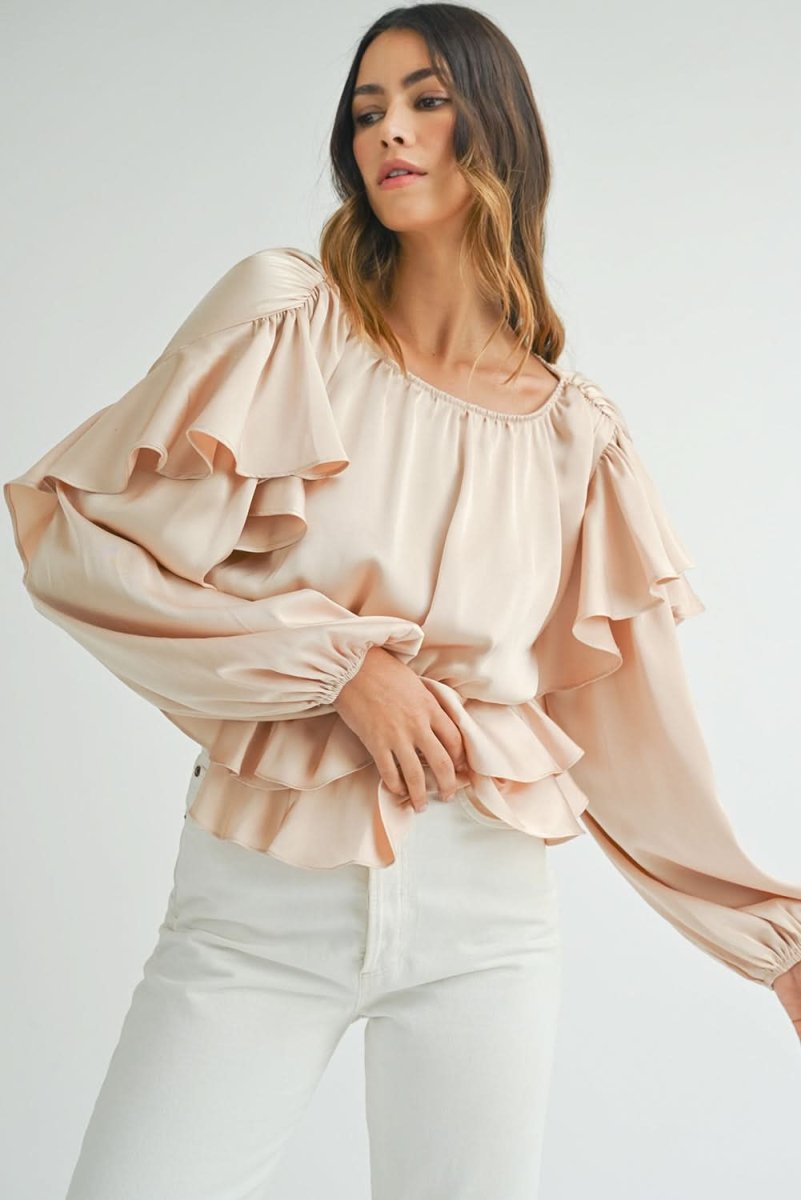 Oatmeal Lace-up Keyhole Back Ruffled Peplum Blouse - Love Salve
