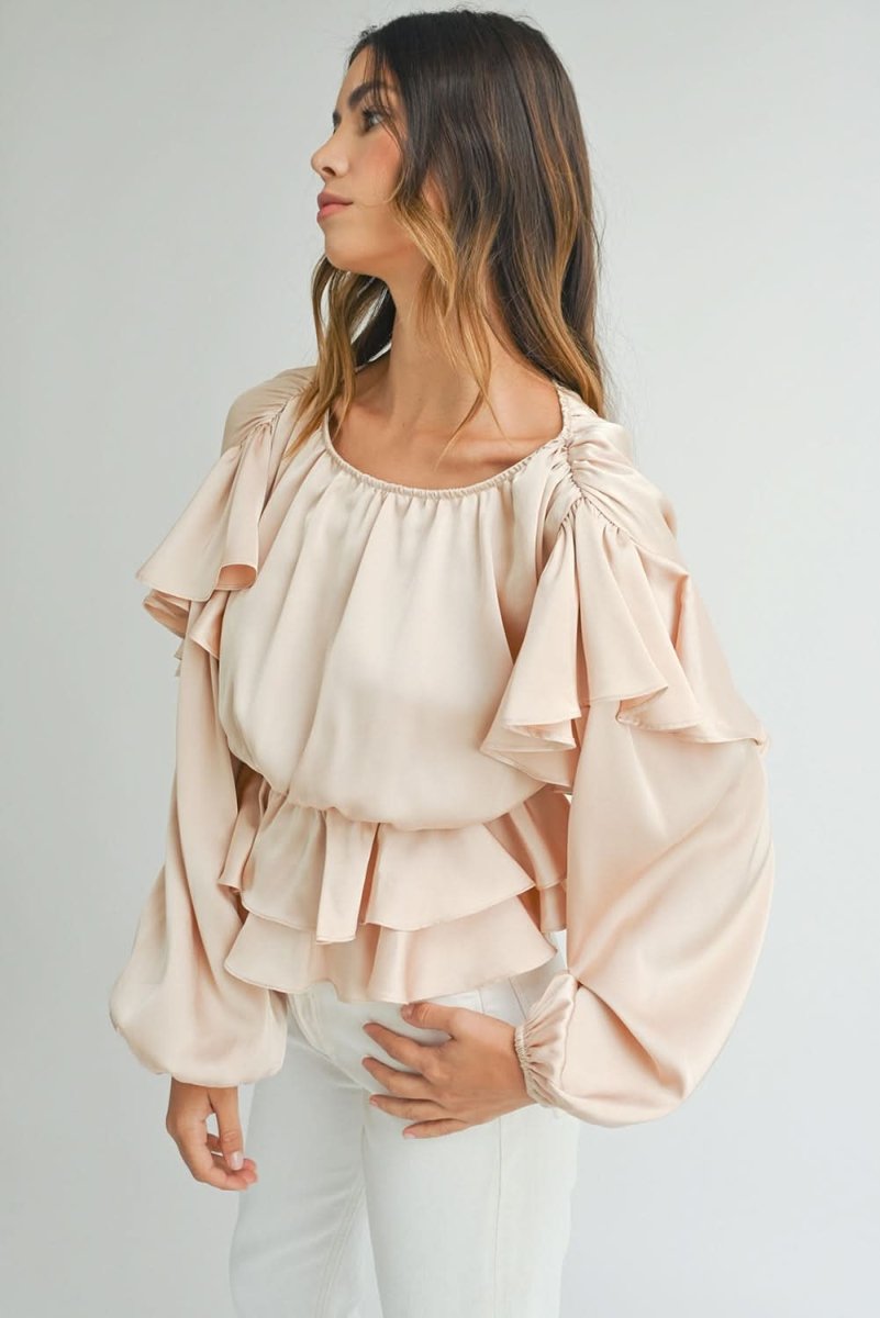 Oatmeal Lace-up Keyhole Back Ruffled Peplum Blouse - Love Salve