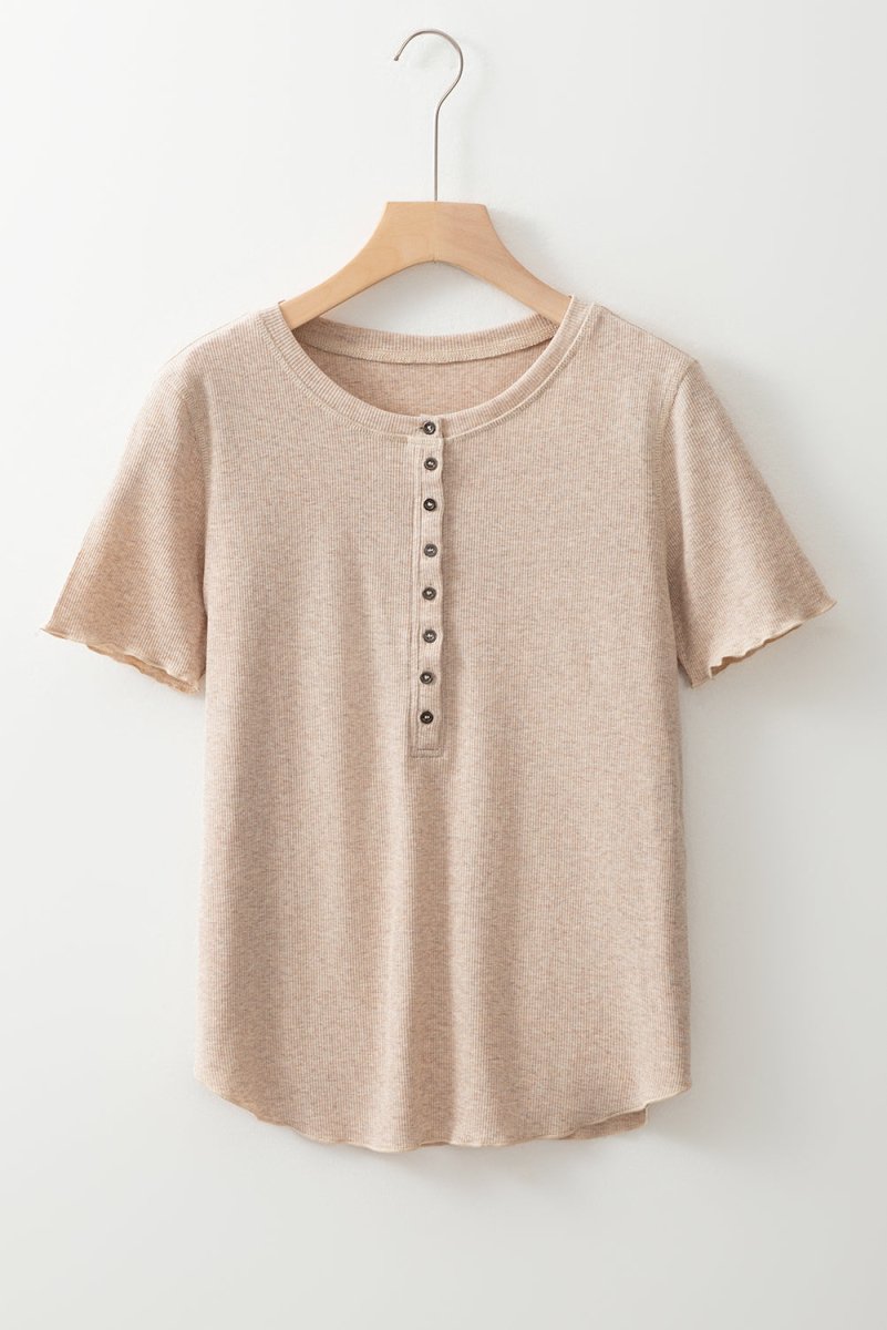 Oatmeal Short Sleeve Half Button Ribbed Knit Top for Women - Love Salve