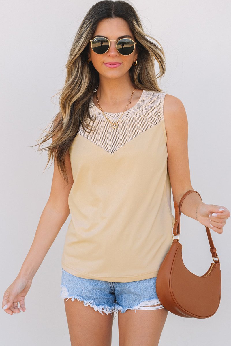 Oatmeal Solid Mesh Patchwork Crew Neck Tank Top for Women - Love Salve