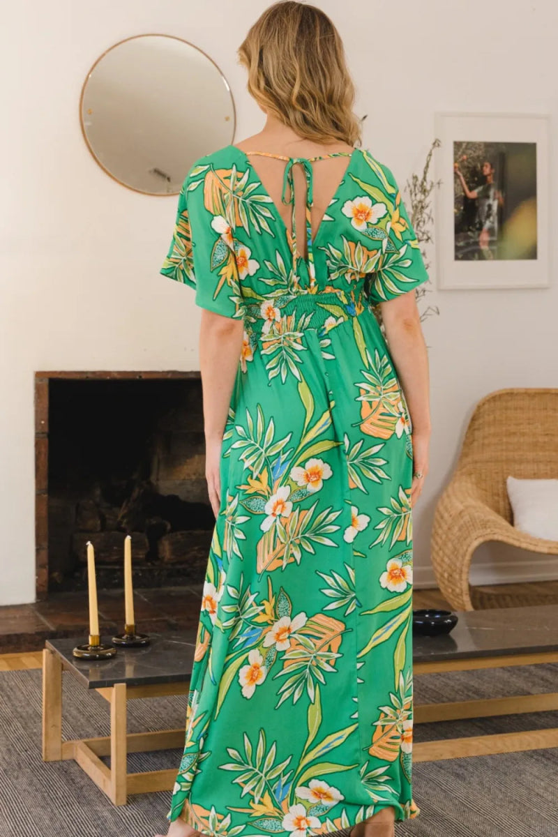 ODDI Full Size Floral Smocked Tied Back Maxi Dress for Summer - Love Salve