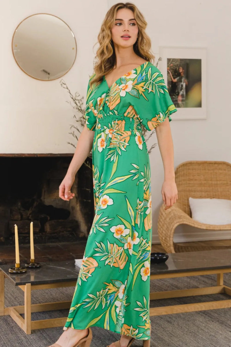 ODDI Full Size Floral Smocked Tied Back Maxi Dress for Summer - Love Salve