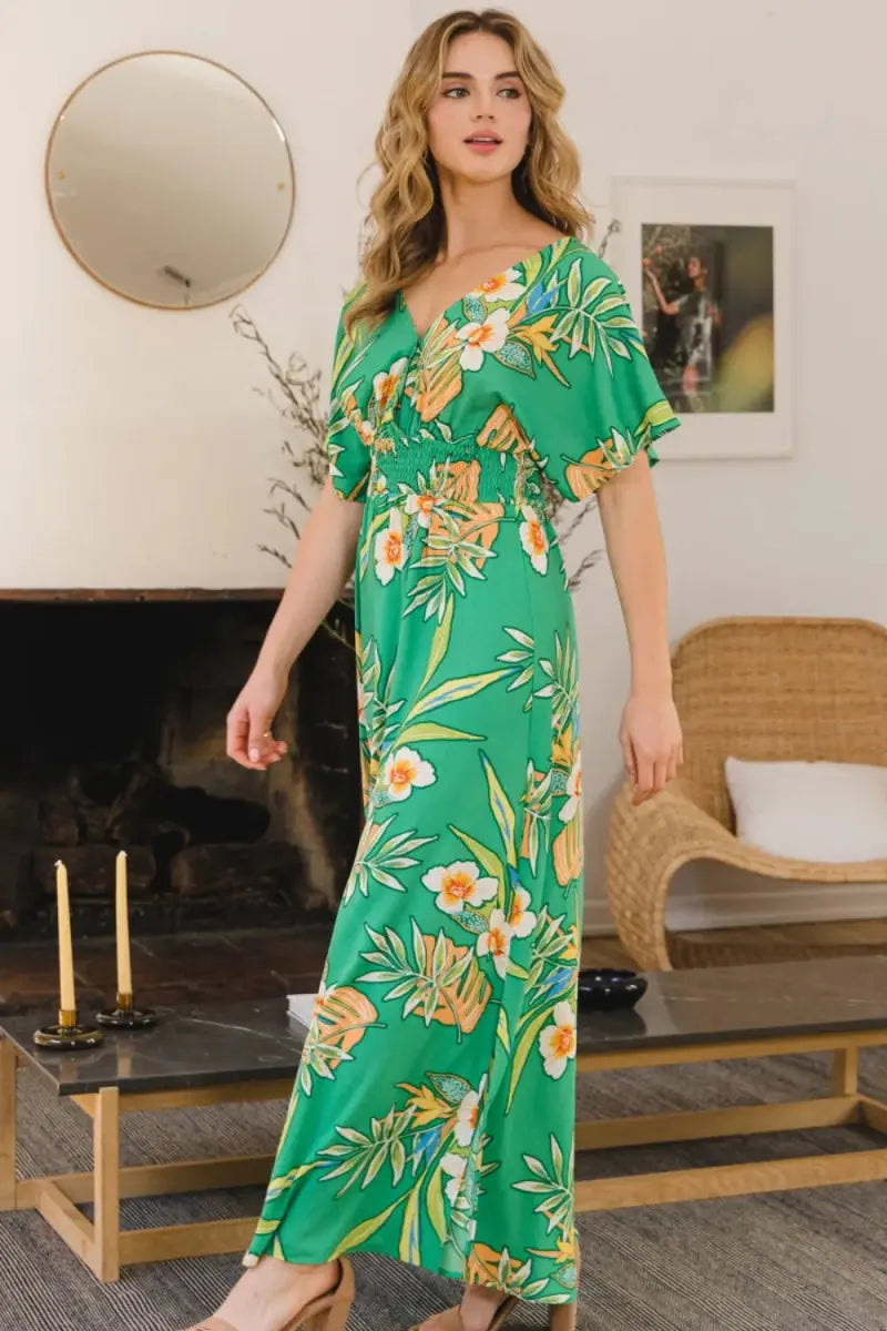 ODDI Full Size Floral Smocked Tied Back Maxi Dress for Summer