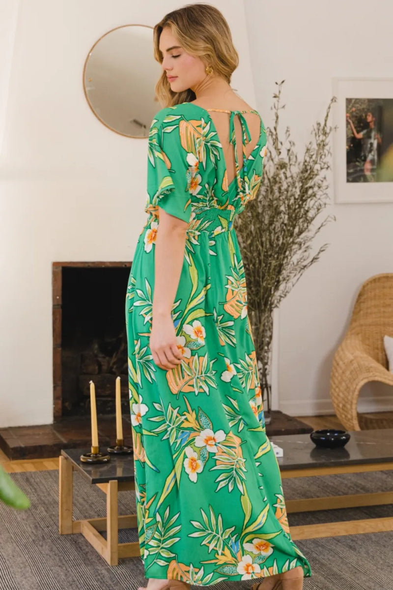 ODDI Full Size Floral Smocked Tied Back Maxi Dress for Summer - Love Salve