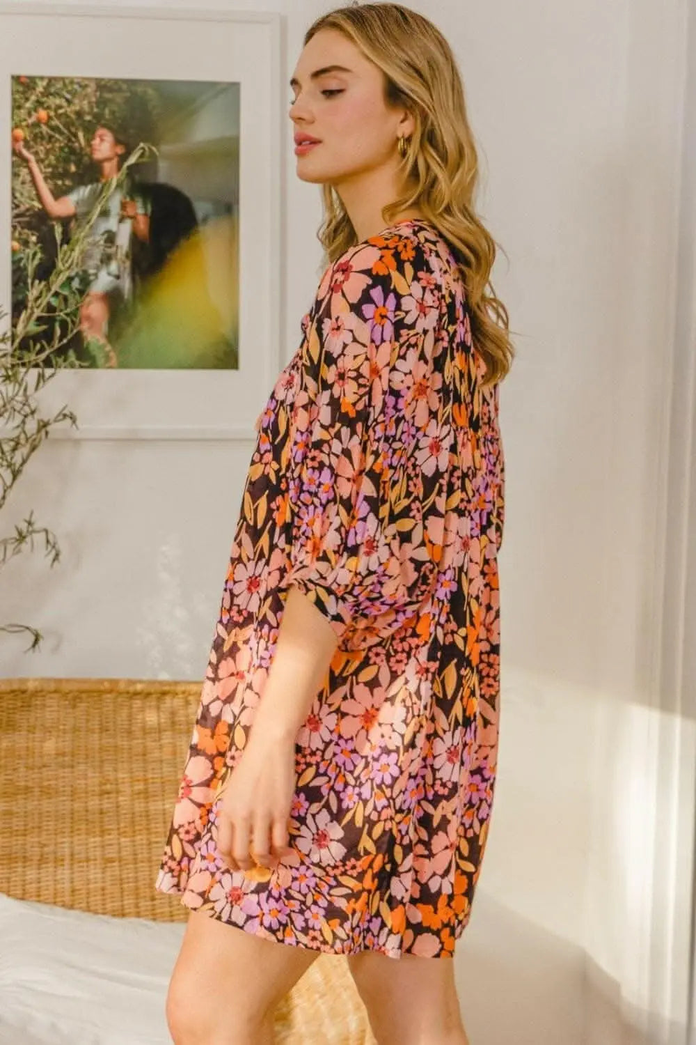 Floral Charm Tie-Neck Mini Dress - Love Salve