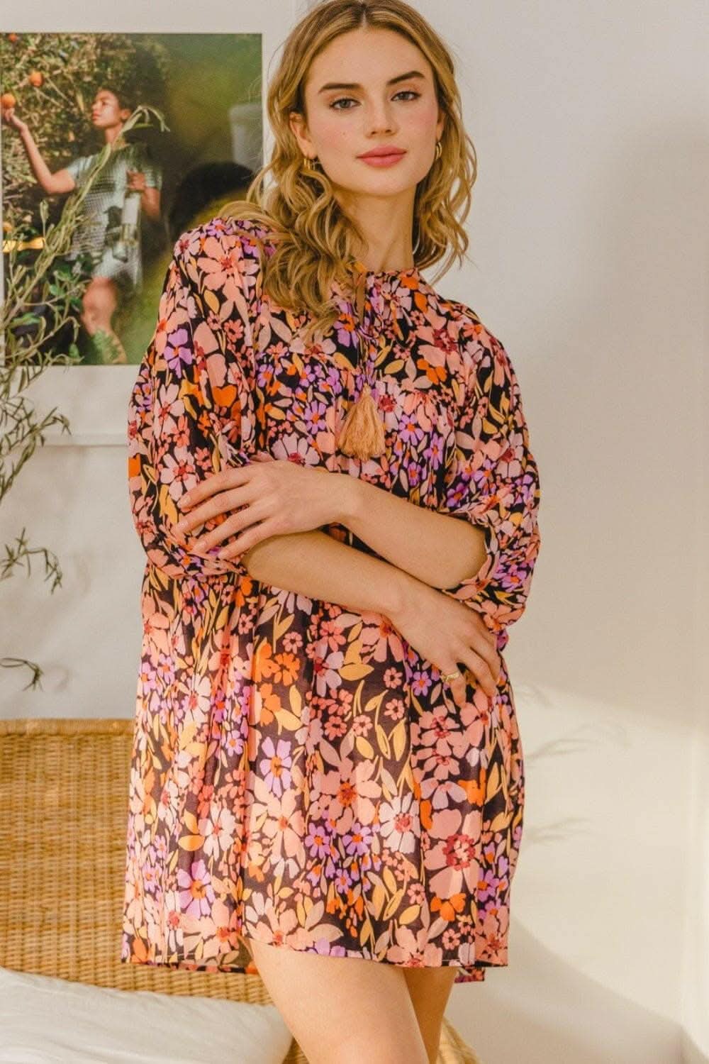 Floral Charm Tie-Neck Mini Dress - Love Salve