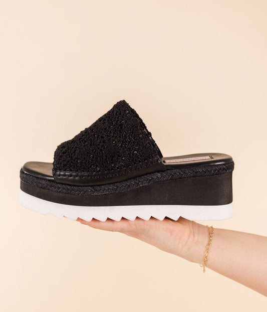 Ophelia Wedges Black Woven Upper Cork Leather Footbed Naughty Monkey