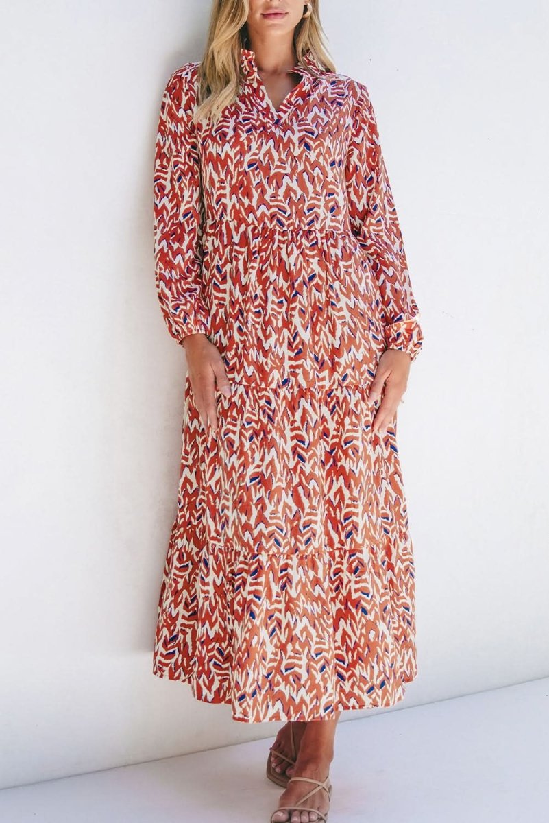 Orange Abstract Print V Neck Pleated High Waist Midi Dress - Love Salve