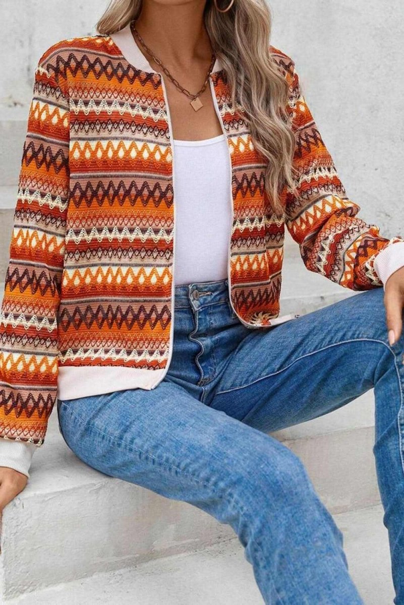 Orange Boho Striped Zip Up Long Sleeve Jacket - Love Salve