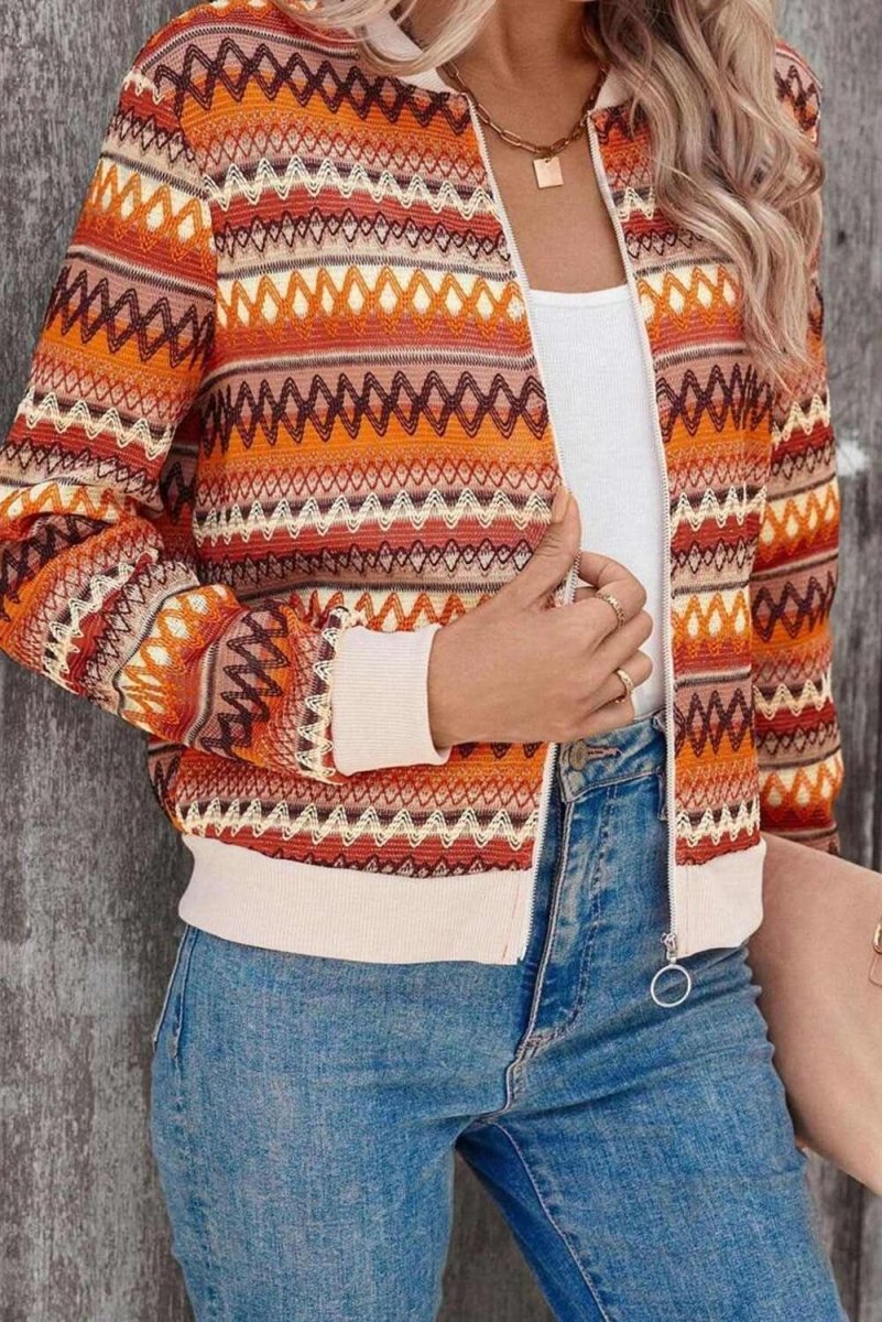 Orange Boho Striped Zip Up Long Sleeve Jacket - Love Salve