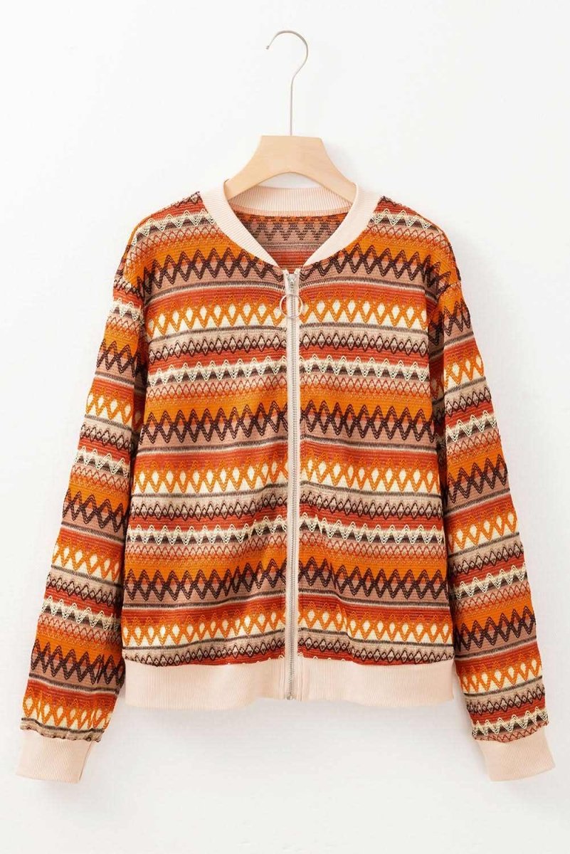 Orange Boho Striped Zip Up Long Sleeve Jacket - Love Salve