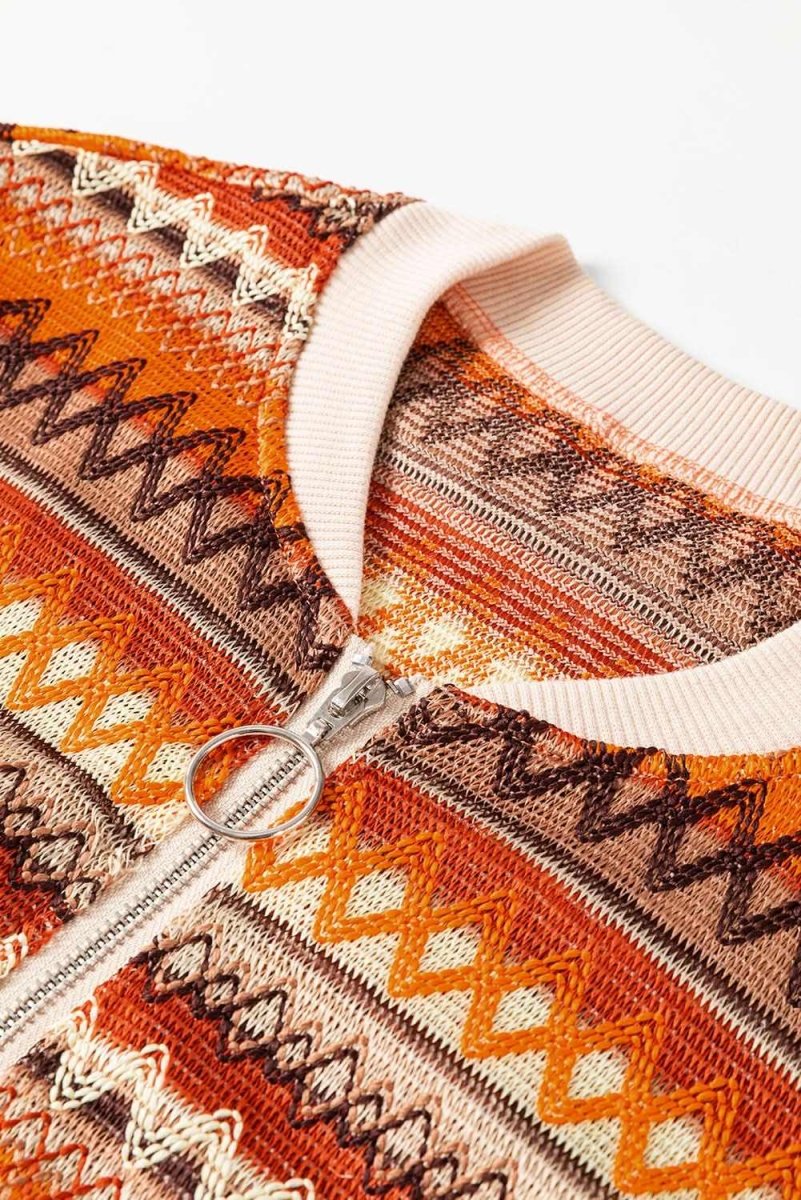 Orange Boho Striped Zip Up Long Sleeve Jacket - Love Salve