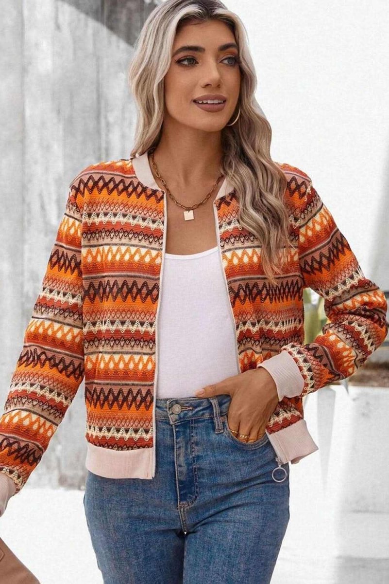 Orange Boho Striped Zip Up Long Sleeve Jacket - Love Salve