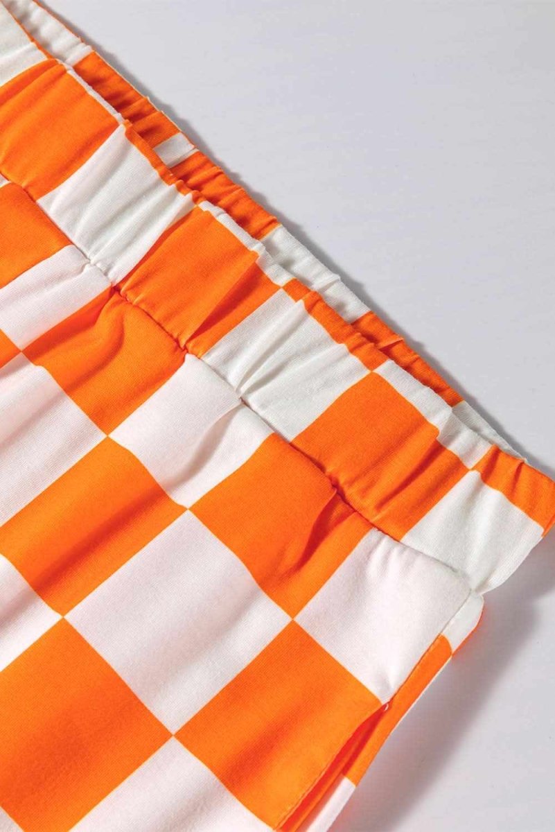 Orange Checkerboard Print V Neck Loose Tee and Shorts Lounge Set - Love Salve