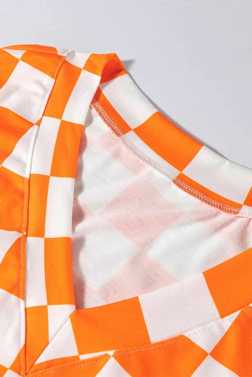 Orange Checkerboard Print V Neck Loose Tee and Shorts Lounge Set - Love Salve