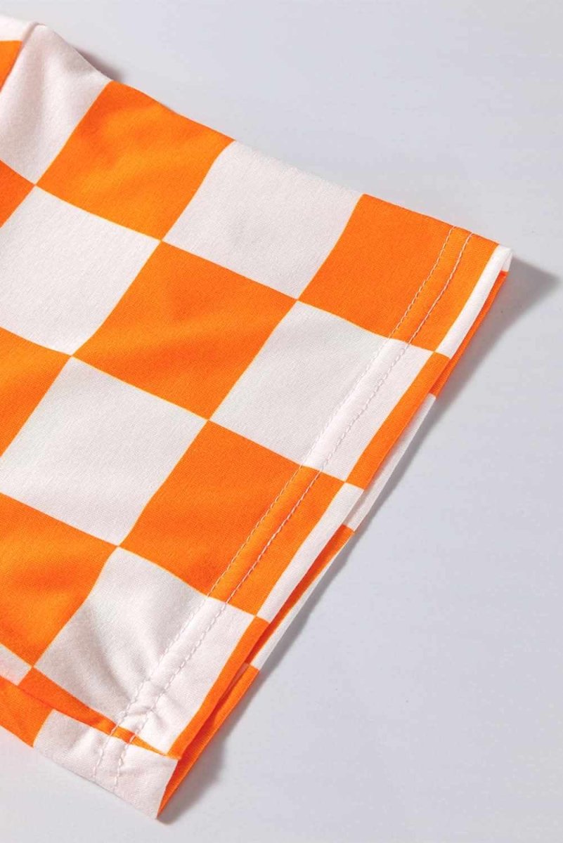 Orange Checkerboard Print V Neck Loose Tee and Shorts Lounge Set - Love Salve