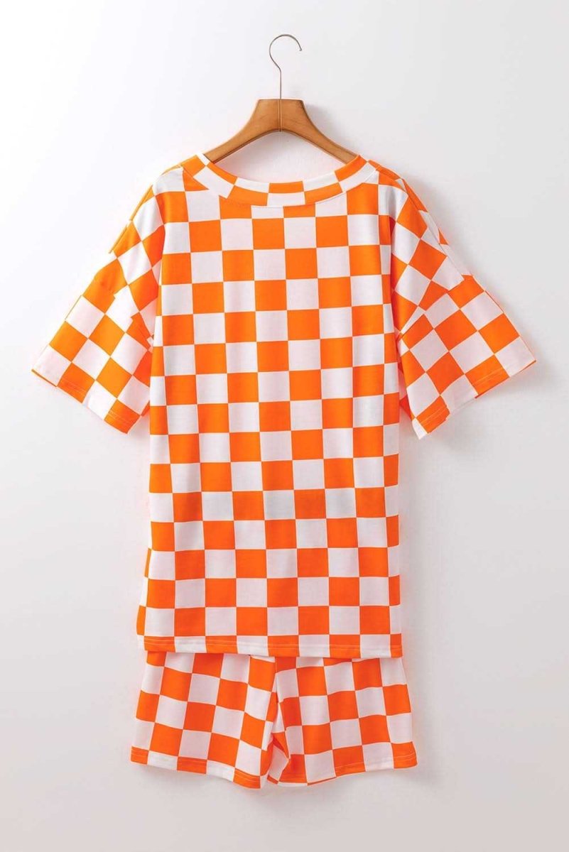 Orange Checkerboard Print V Neck Loose Tee and Shorts Lounge Set - Love Salve