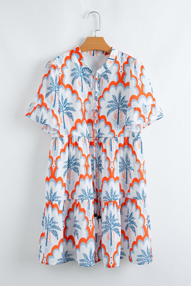 Orange Contrast Palm Tree Printed Short Sleeve Flowy Dress - Love Salve