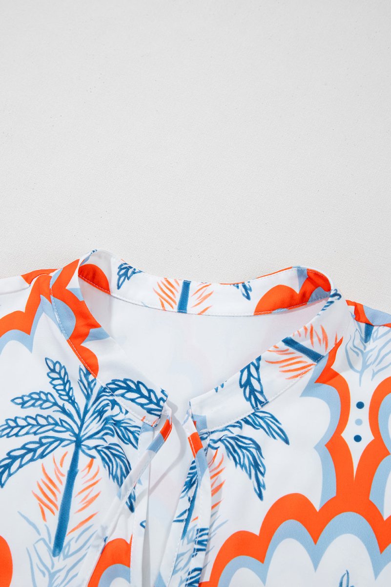 Orange Contrast Palm Tree Printed Short Sleeve Flowy Dress - Love Salve
