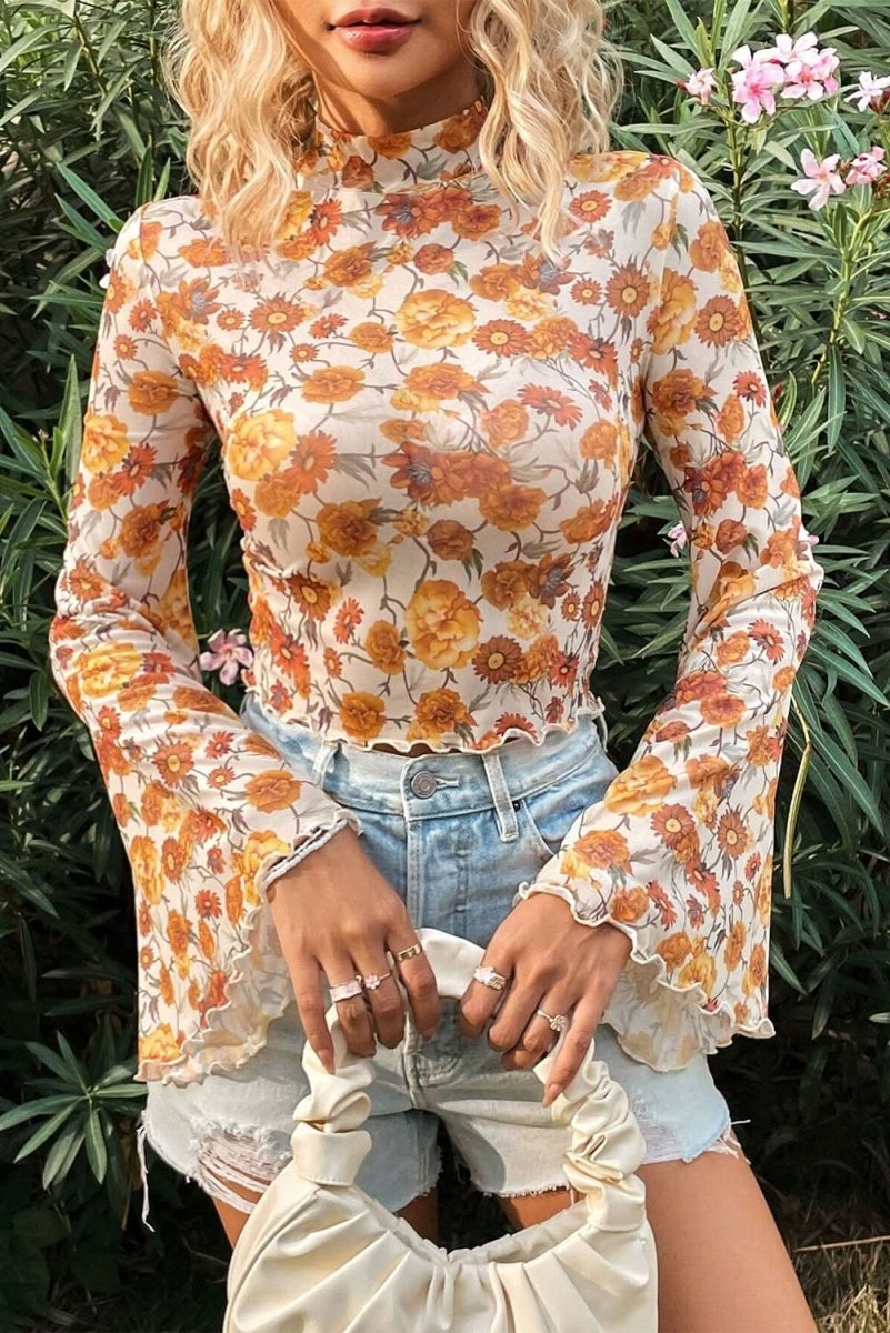 Orange Floral Printed Bell Sleeve Mock Neck Scallop Trim Blouse - Love Salve