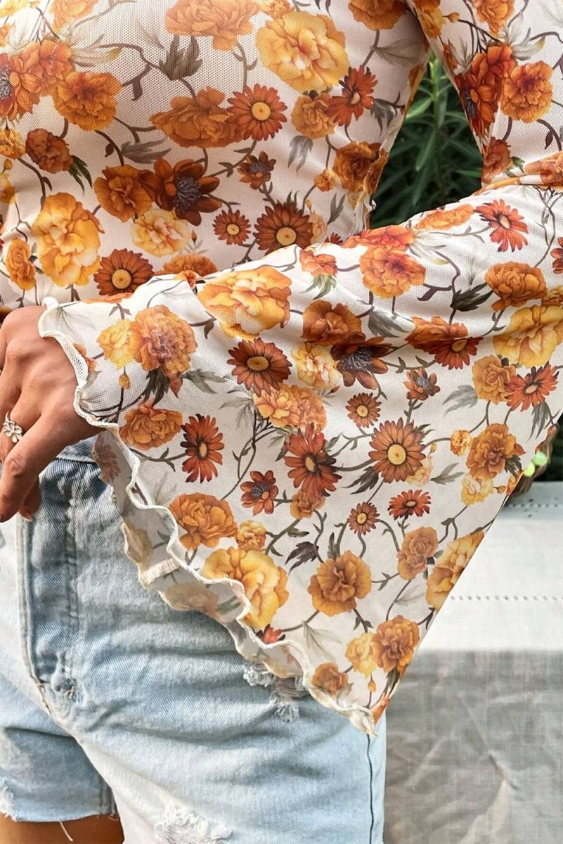 Orange Floral Printed Bell Sleeve Mock Neck Scallop Trim Blouse - Love Salve