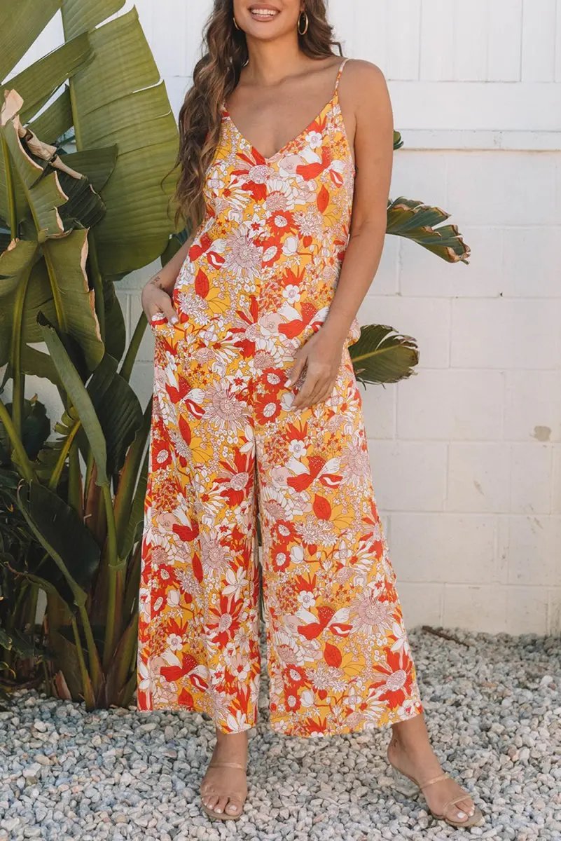 Orange Floral V Neck Wide Leg Sleeveless Jumpsuit - Love Salve