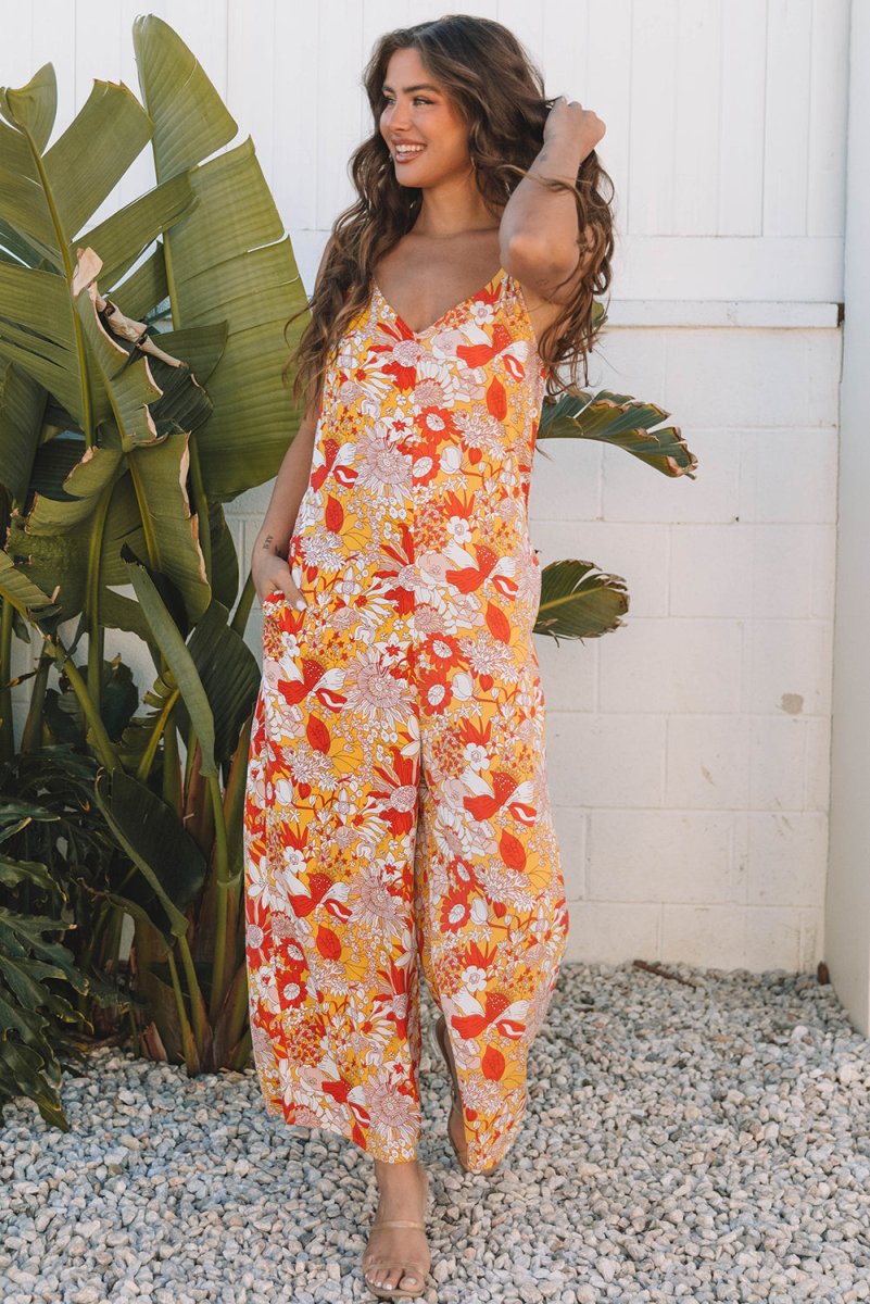 Orange Floral V Neck Wide Leg Sleeveless Jumpsuit - Love Salve