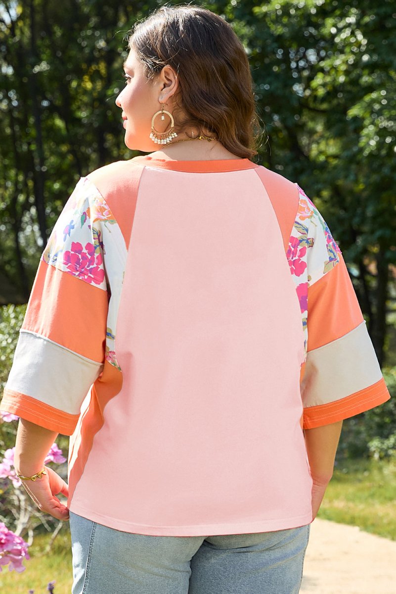 Orange Plus Size Floral Print Patchwork Raglan Half Sleeve Top - Love Salve