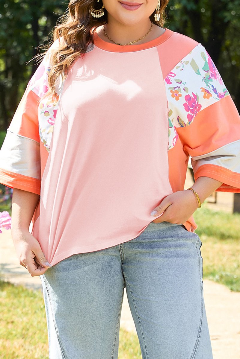 Orange Plus Size Floral Print Patchwork Raglan Half Sleeve Top - Love Salve