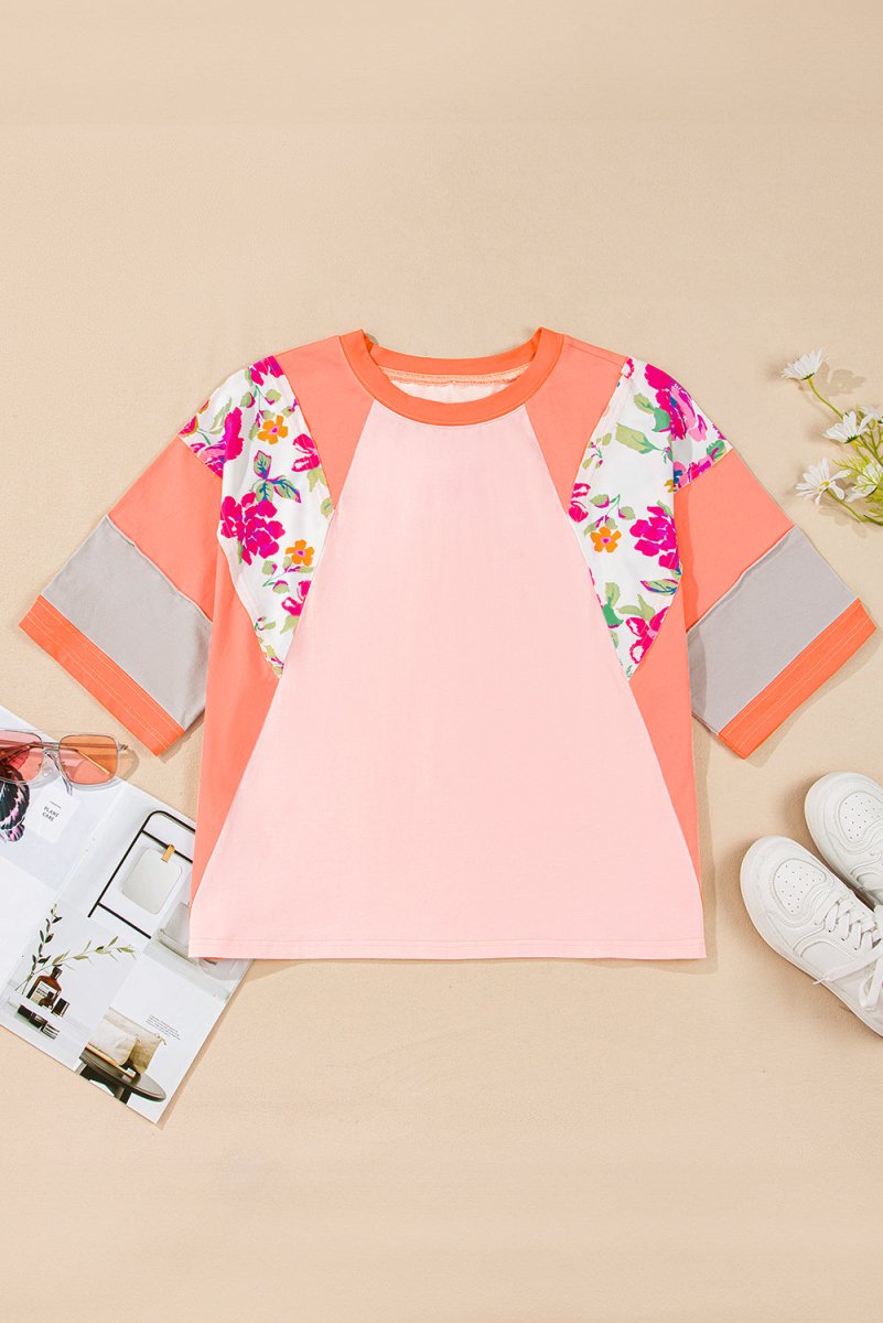 Orange Plus Size Floral Print Patchwork Raglan Half Sleeve Top - Love Salve