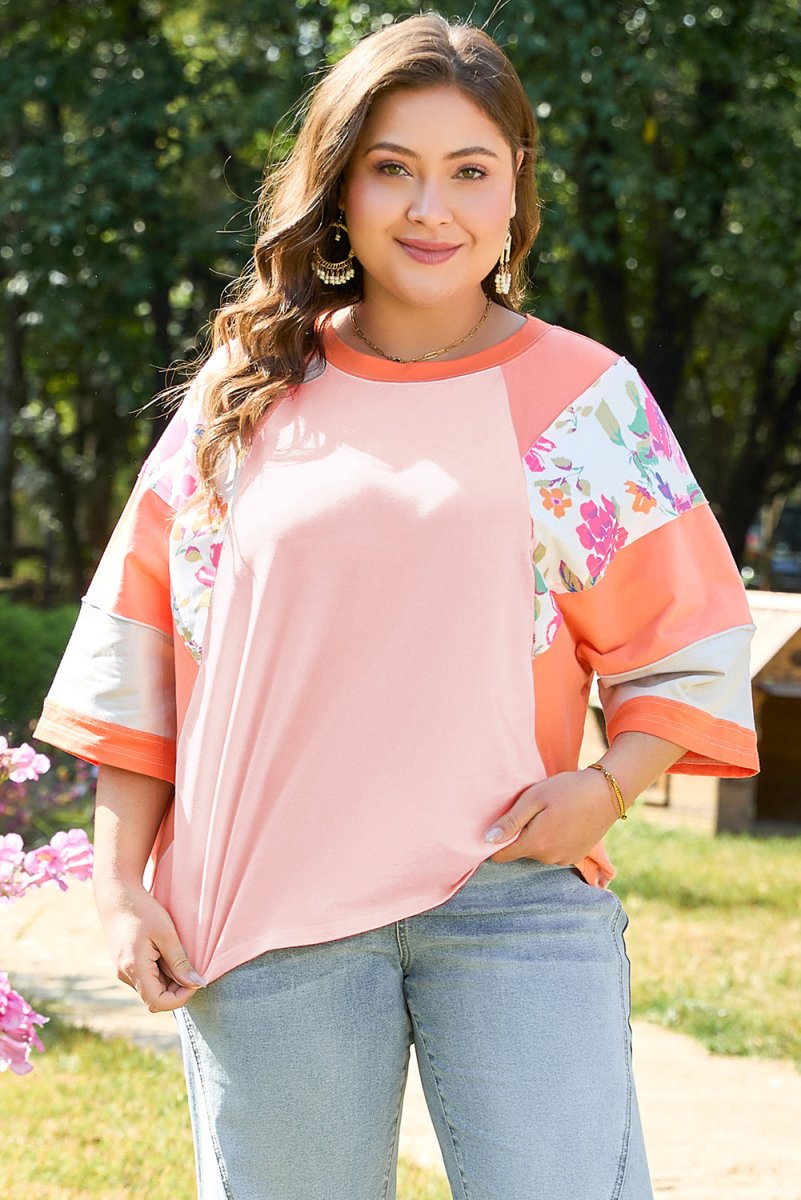 Orange Plus Size Floral Print Patchwork Raglan Half Sleeve Top - Love Salve