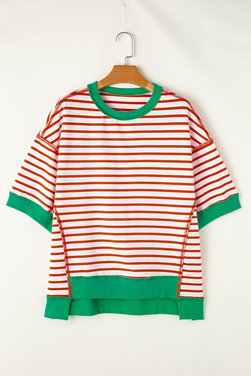 Orange Stripe Oversized Contrast Trim Exposed Seam T Shirt - Love Salve